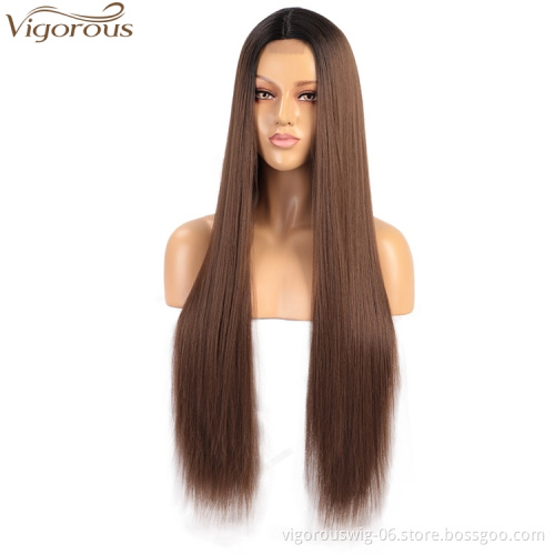 Vigorous Fashion Girl Cheap Long Silky Straight Wigs Lace Middle Part Ombre Brown Wigs For White Women Heat Resistant